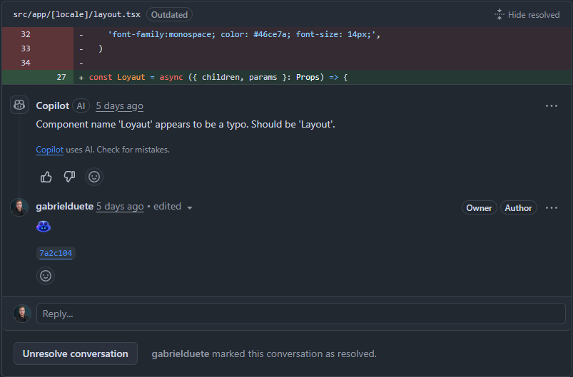 GitHub Copilot suggesting improvements in a PR