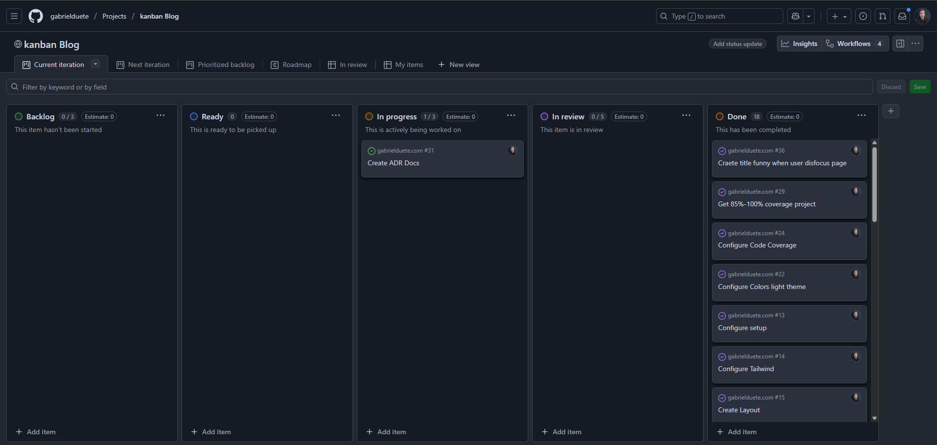 GitHub Projects board showing Kanban workflow